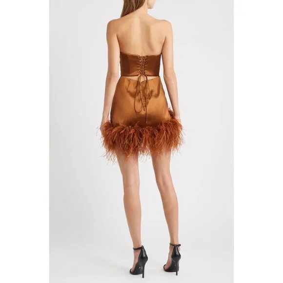 DELFI COLLECTIVE Adrienne Ostrich Feather Strapless bronze Mini dress size M - Picture 2 of 11